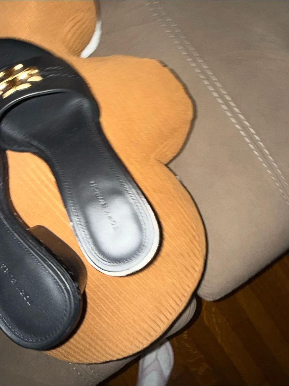 Tory Burch Black Leather Slide Mules with Gold Logo Emblem